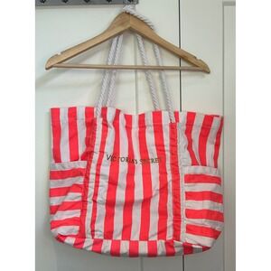 Victorias Secret Neon Pink White Striped Canvas Tote Bag Rope Handle Large Beach